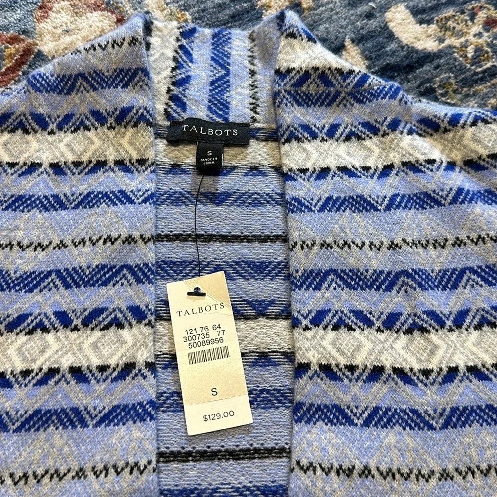 NWT TALBOTS WOMEN CARDIGAN SWEATER TOP BLUE SILVER WHITE SMALL LONG SLEEVE